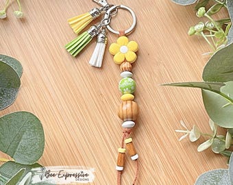 Handmade, Yellow Daisy Keychain: Wood Beads, Suede Tassels