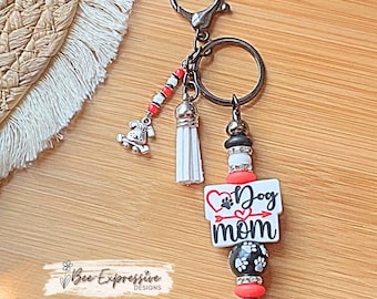 Dog Mom Beaded Keychain: Paw Print Charm, Rhinestone Accents