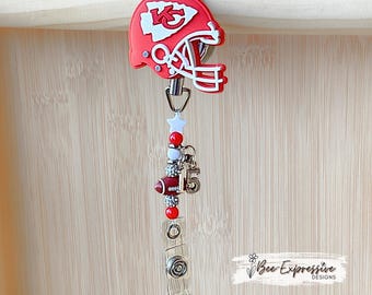 Kc, Beaded Badge Reel: Acrylic Football, Metal Clip, Custom Jersey #