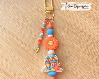 Summertime Beaded Keychain: Daisy, Flip Flops, Heart Charm