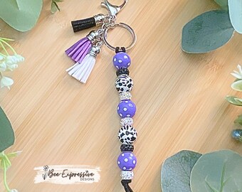 Handmade, Purple and Black Beaded Keychain: Polka Dot Wood Beads & Tassels, Rhinestone Spacers