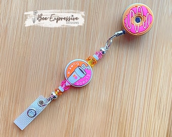 Beaded Donut Badge Reel: Acrylic Beads, Metal Clip