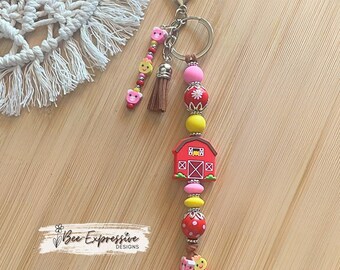 Handmade Red Barn Keychain: Beaded Tassel, Pig & Chicken Clay Beads