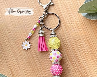 Handmade Chunky Acrylic Beaded Keychain with Daisy Charm