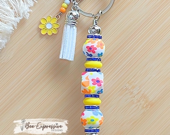 Handmade Beaded Keychain: Octagon Bead, Daisy Flowers, Butterfly Charm