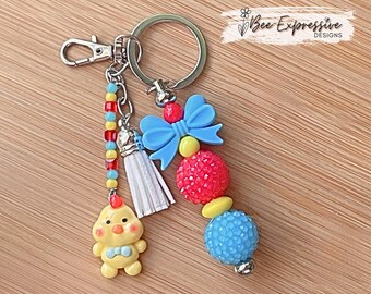 Chunky Beaded Chicken Charm Keychain: Tassel & Silicone Bow