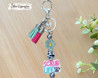 Handmade, Scrub Life Keychain: Acrylic Flower Bead, Butterfly Charm