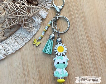 Handmade Turquoise Cow Keychain: Beaded Tassel with Butterfly Charm, Choose Clasp!