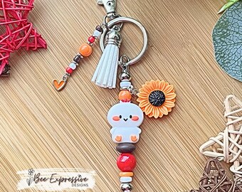 Handmade Silicone Chicken Keychain: Beaded Tassel & Flower Charm
