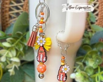 Girl Gnome Keychain & Tumbler Charm Set: Beaded Tassel, Daisy Charm