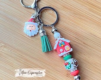 Gingerbread House Keychain: Handmade Christmas Beaded Tassel with Santa Charm