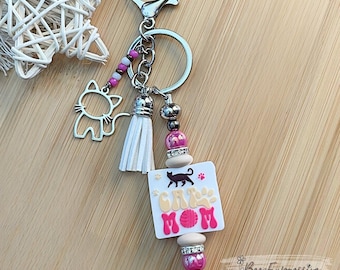 Handmade Cat Mom Keychain: Cat Charm, Tassel, Lobster or Swivel Clasp