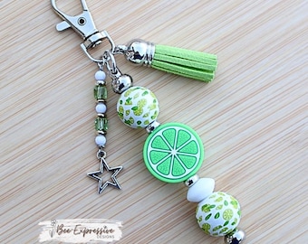 Handmade Lime Beaded Keychain: Wood Beads, Star charm