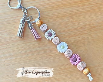 Handmade, Daisy Keychain: Wood Square Beads Spell Love, Tassels
