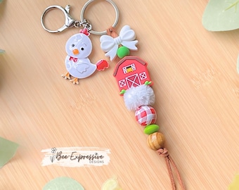 Handmade Chicken Charm Keychain: Barn, Bow, Wood Beads, Gingham bead