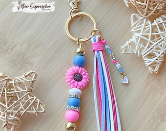 Handmade Daisy Beaded Keychain: Rhinestones, Heart Charm, Colorful 5” Tassel