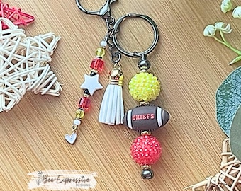 Handmade Chiefs Football Beaded Keychain: Rhinestone Tassel Charm