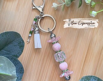 Handmade Iridescent Beaded Keychain: Pink & Green Tassel Charm