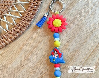 Handmade Silicone Mermaid Keychain: Blue Tassel, Red Flower