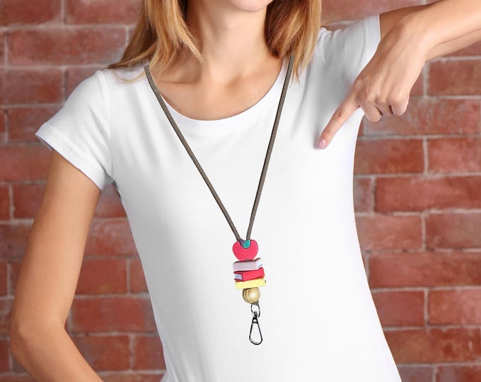 Featured listing image: Handmade Teacher Gnome Lanyard: Book Beads, Apple Bead, Cord, Break Away Clasp