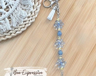 Handmade Beaded Keychain: Blue Acrylic Flower, Butterfly Charm