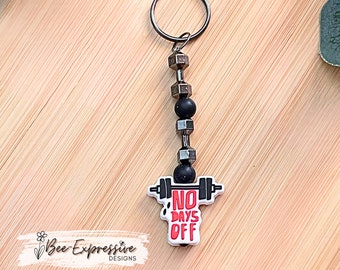 Handmade Weightlifting Keychain: 'No Days Off' Silicone Bead & Dumbbells