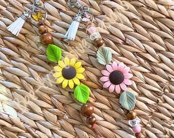 Handmade Daisy Keychain: Wood Beads, Butterfly Charm, Tassel