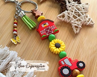 Handmade Farm Tractor Keychain: Barn, Sunflower, Butterfly Tassel