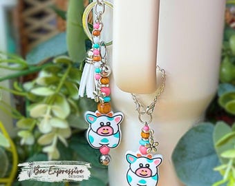 Cow or Bull Keychain & Tumbler Charm Set: Beaded Tassel, Daisy Charms