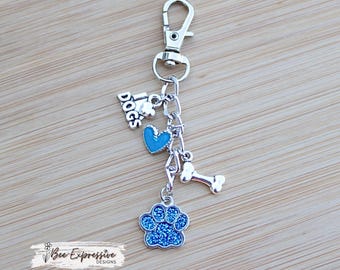 Handmade, Dog, Silver Charm Chain: Glitter Paw, Heart, Bone, I Love Dogs Charms