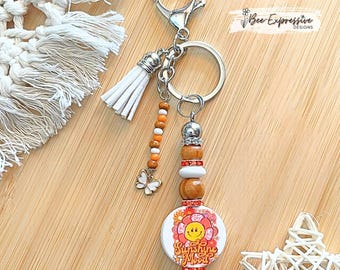 Flower Emoji Beaded Keychain: Rhinestone, Wood & Butterfly Charm