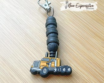Handmade Semi Truck Keychain: Volcanic Stone Beads, Tire Spacers