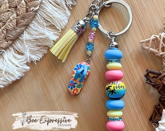 Handmade Tropical Beaded Keychain: Summer Vibes Flip Flop Charm