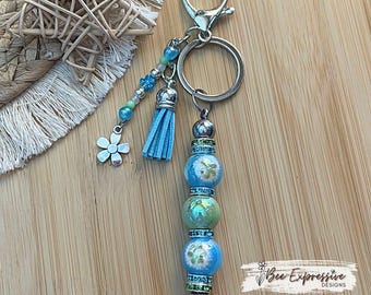 Iridescent Beaded Keychain: Acrylic Daisy Flower, Rhinestone Spacers, Flower Charm