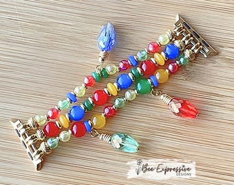 Handmade, Christmas Watch Band: Light Bulb Charms, Custom Sized for Apple Watch Faces