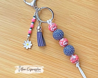 Handmade, Chunky Beaded Rhinestone Keychain: Floral Print, Daisy Charm