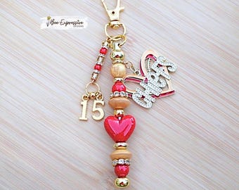 Custom Chiefs Football Beaded Charm Chain / Keychain, Rhinestone Studded, Acrylic Heart, Custom Jersey