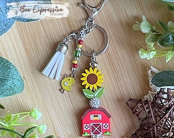 Handmade, Red Barn Keychain: Wood Sunflower, Chicken Charm & Beaded Tassel