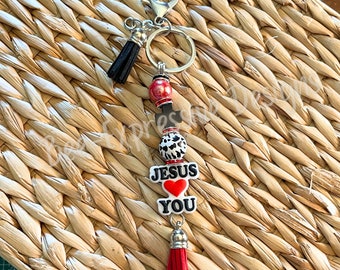 Handmade Beaded Keychain: Jesus Loves You, Wood Cross Accent