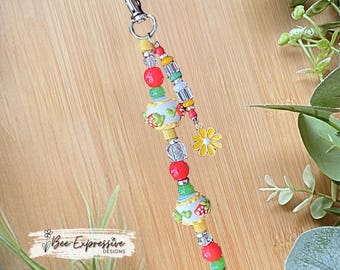 Handmade Strawberry Beaded Keychain or Bag Accessory:  Daisy Charm, Acrylic Painted Beads