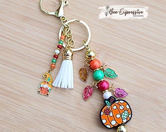 Patchwork Pumpkin & Gnome Keychain: Handmade Beaded Tassel Charm