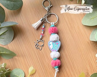 Handmade, I Love My Cat Keychain or Accessory: Fuzzy Beads & Cat Charm
