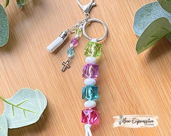 Handmade Rainbow Colored Keychain: Beaded Tassel Cross Charm