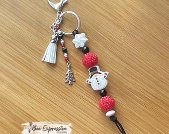 Handmade Christmas Gnome Keychain: Rhinestone Beads, Tree Charm