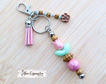 Handmade Pink Tulip Keychain: Iridescent and Wood Beads, Carved Flower Bead on Beaded Tassel