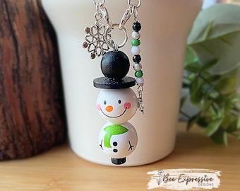 Snowman Tumbler Charm: Handmade Wood Bead Tassel with Snowflake