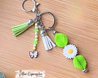 Handmade Daisy Keychain: Beaded Tassel, Butterfly Charm