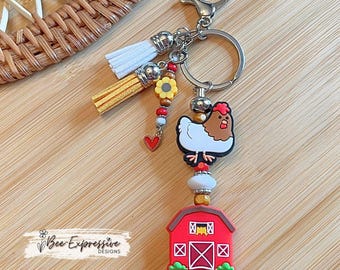 Handmade Red Barn Chicken Keychain: Beaded Tassel Charm