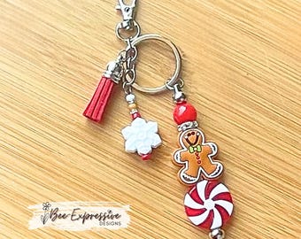 Handmade Beaded Gingerbread Keychain: Snowflake Charm,  Swivel Clasp