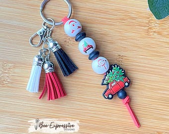 Handmade, Christmas keychain! Lobster or swivel clasp, silicone red truck bead, Christmas beads